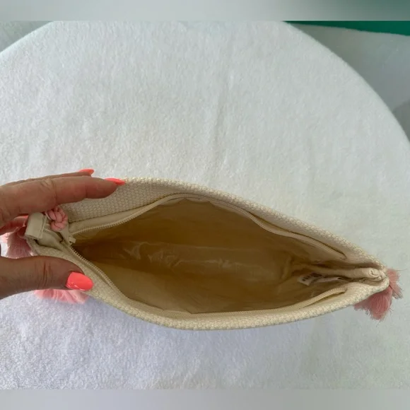 Shiraleah 12” x 8 “ Cosmetic NWT Boho Zip Bag Cream & Pink Lined Thick Plastic - Picture 6 of 8